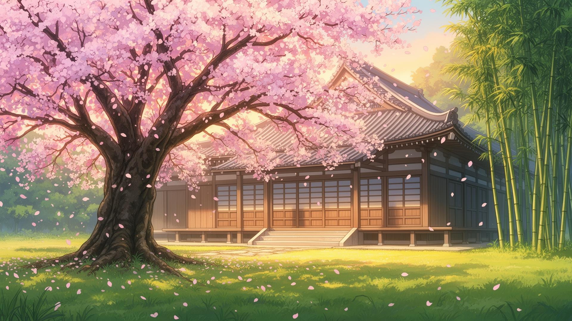 Sakura tree by a Japanese dojo